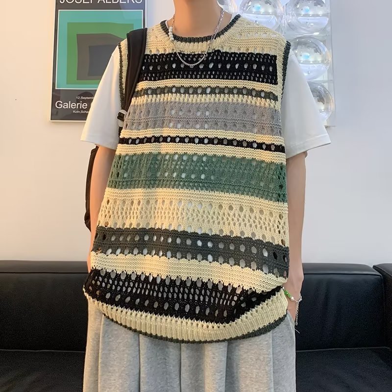 

Men's Tank Tops 2023 Clothing Luxury Knit Casual Streetwear Hollow Out O Neck Striped Short Sleeve Fishnet Tees Breathable 230512, Green