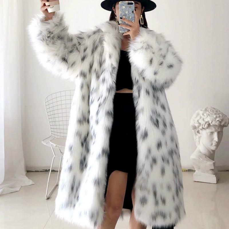

Women's Fur & Faux Female Thick Warm Mid-long Plush Outerwear 2023 Women Winter Coat Lady Casual Spliced Leopard Print Jacket, White