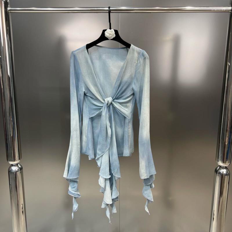 

Women' Blouses PREPOMP Irregular Loose Thin Chiffon Shirt Gradient Blue Women V Neck Long Sleeve Pleated Elegant Trend 279, As photo