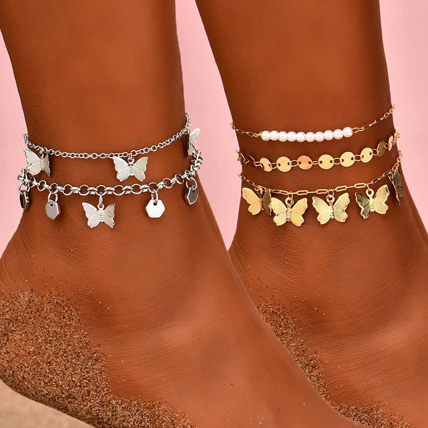 

Anklets Vintage Boho Silver Color Butterfly Chain Anklets for Women Summer Beach Bracelet on Leg Multilayer Pearl Barefoot Jewelry AA230512