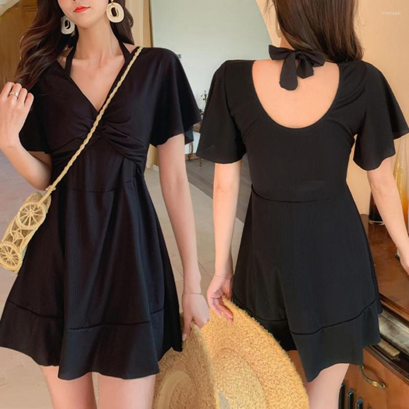 

Women's Swimwear Summer Swimming Dress Lady Beachwear Solid Color Halter Neck Short Sleeve Ruffle Sweet Style, Black