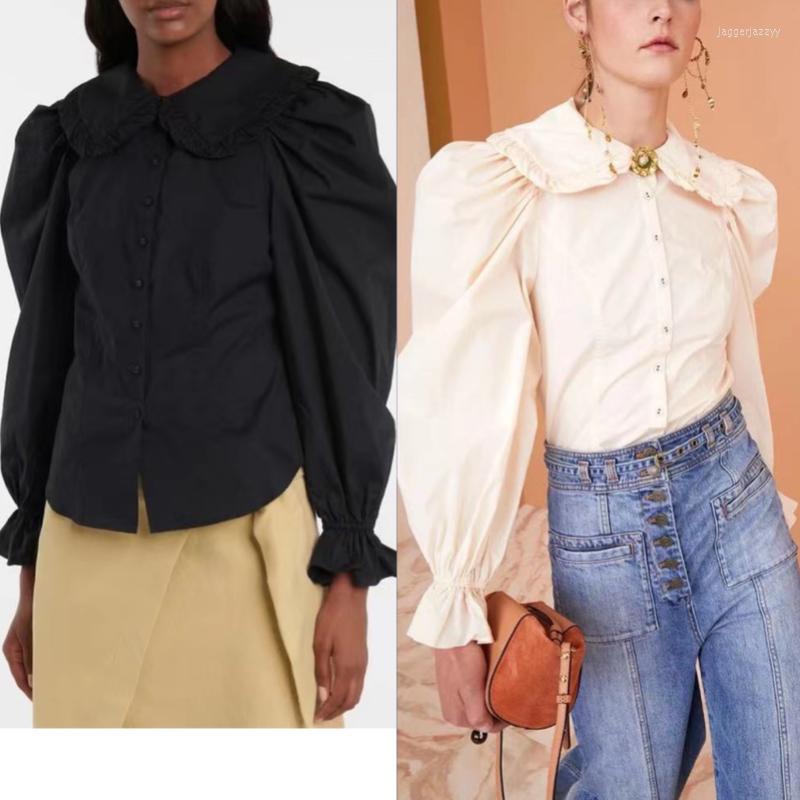 

Women's T Shirts Women Cotton Shirt Tops Single Breasted Puff Long Sleeve Lady Doll Collar Blouse, Black
