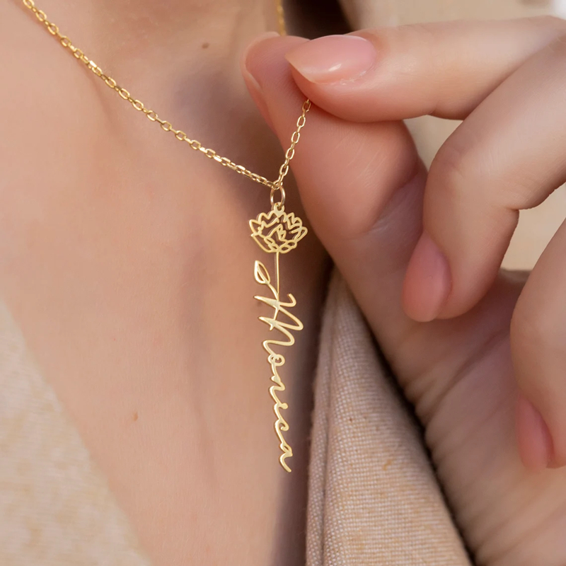 

Custom Birth Month Flower Name Necklace Stainless Steel Nameplate Pendant Personalized Chain Necklace Women Birthday Gifts