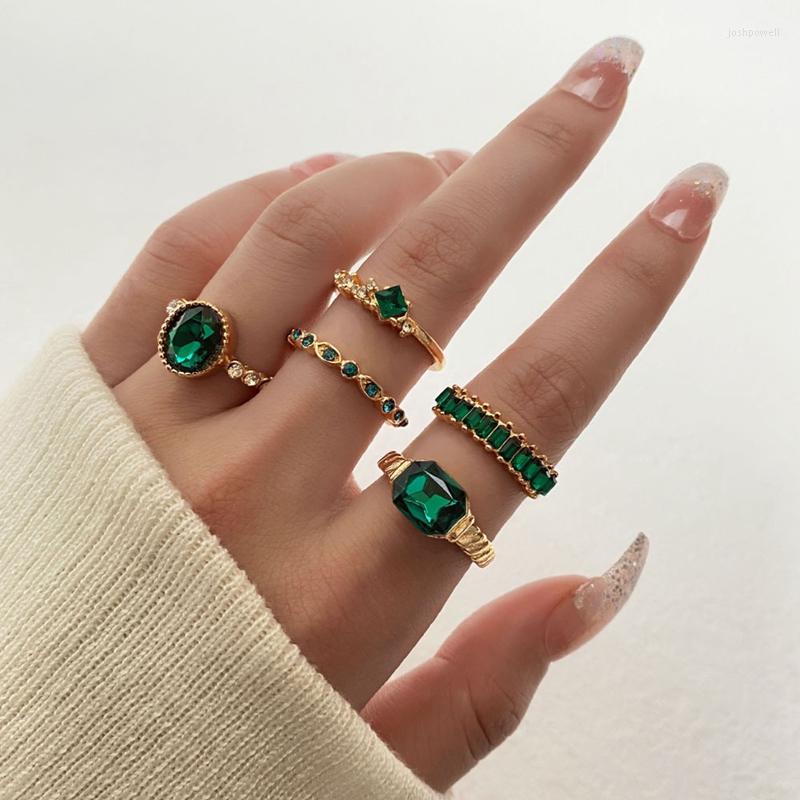 

Wedding Rings 5Pcs Green Crystal Set For Women Gold Color Vintage Aesthetic Geometric Luxury Anillos Lady Jewelry Gifts Bague