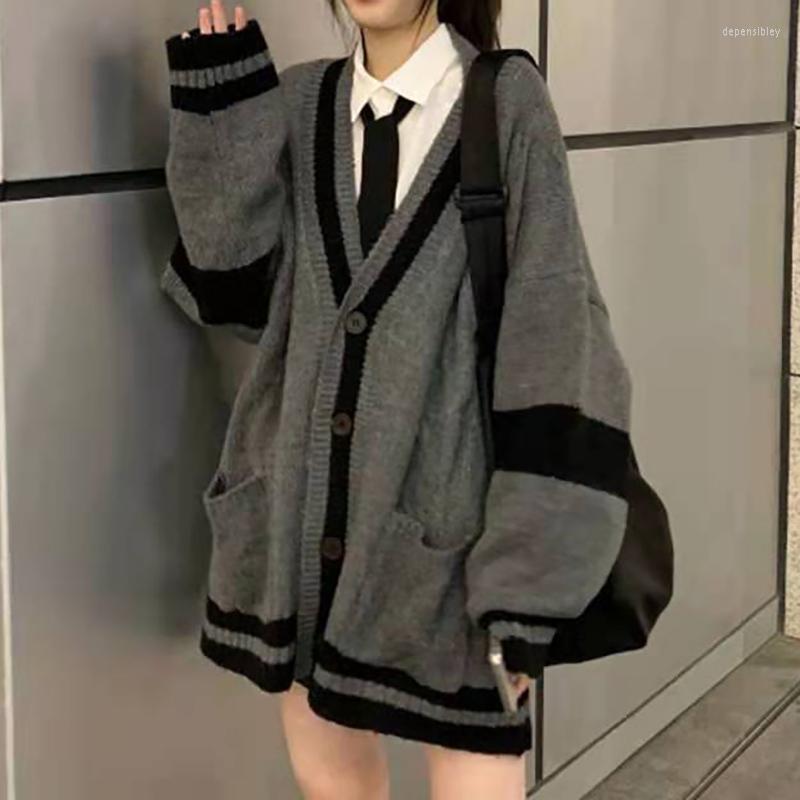 

Women's Knits 2023 Long Sleeve V Neck Preppy Style Knit Sweater Women Autumn Single Breasted Cotton Warm Cardigan Patchwork Grey Sweaters, Dark grey