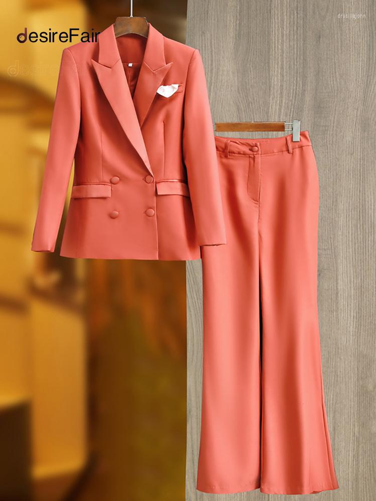 

Women' Two Piece Pants DesireFair Lapel Solid Color Fashion Design Double-breasted Women Elegant Suit Jacket Early Spring Style High Waist, Coral red