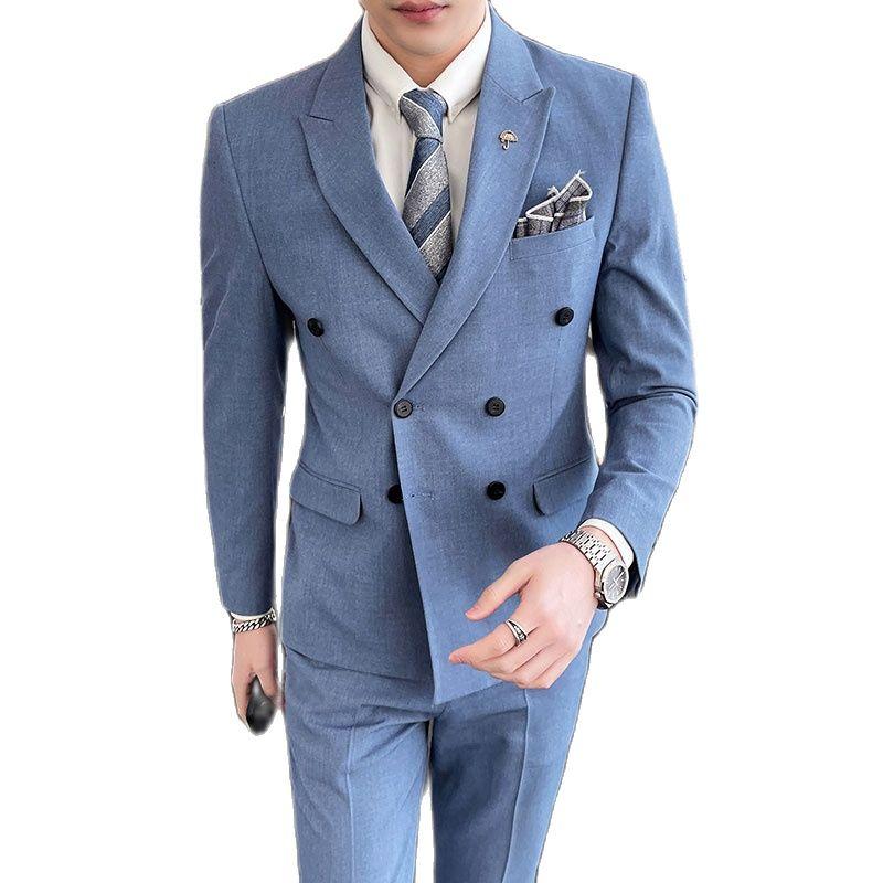 

Men's Suits & Blazers ( Jacket Vest Pants ) High-end Brand Groom Wedding Dress Performance Mens Suit 3Pces Set Formal Business Double-bre, Light blue
