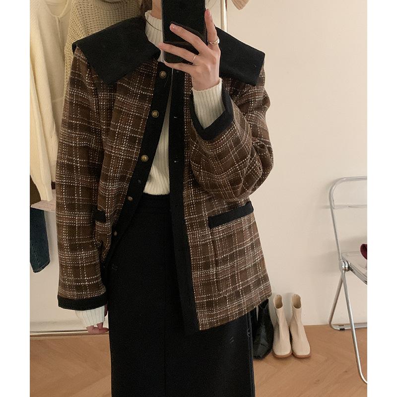

Women's Jackets Winter Style Long-sleeved Quilted Plaid Mid-length Coat Korean Loose Woolen Women