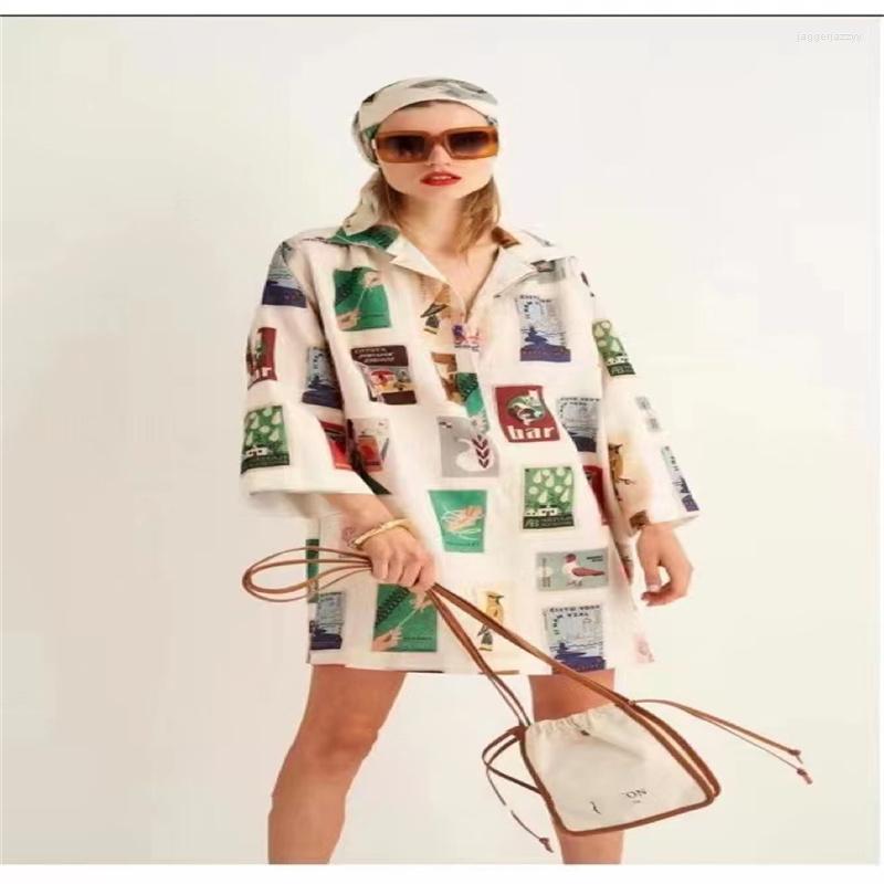 

Casual Dresses Women Loose Silk Dress Notched Collar Flare Sleeve Vintage Square Cartoon Printed Lady Mini 2023, Multi