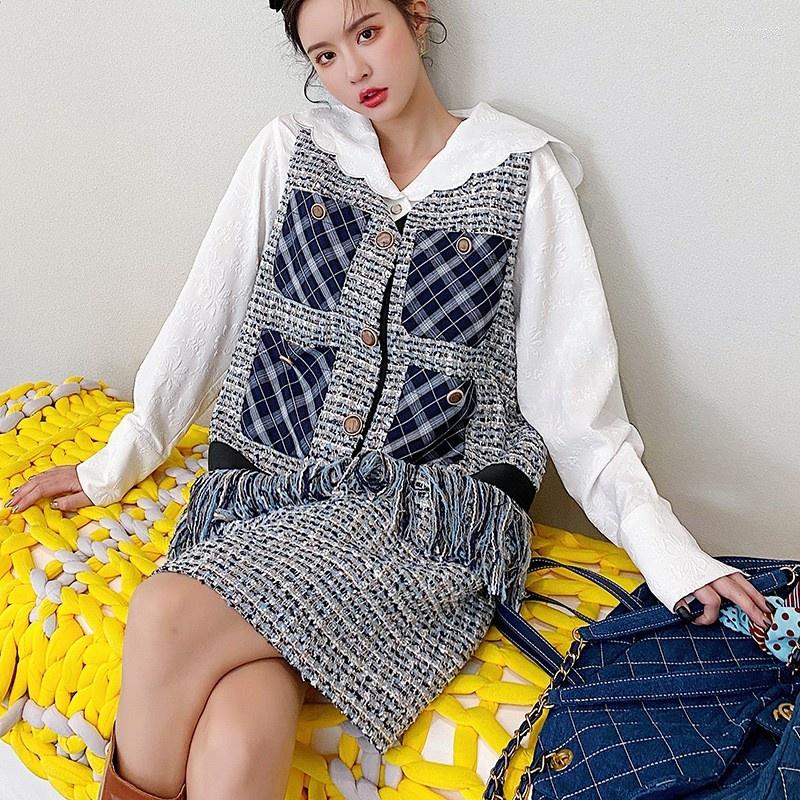 

Casual Dresses Fashion 2023 Tweed Dress Women V Neck Sleeveless Single Breasted Plaid Pocket Patchwork Design Loose Tassel A Line, Blue
