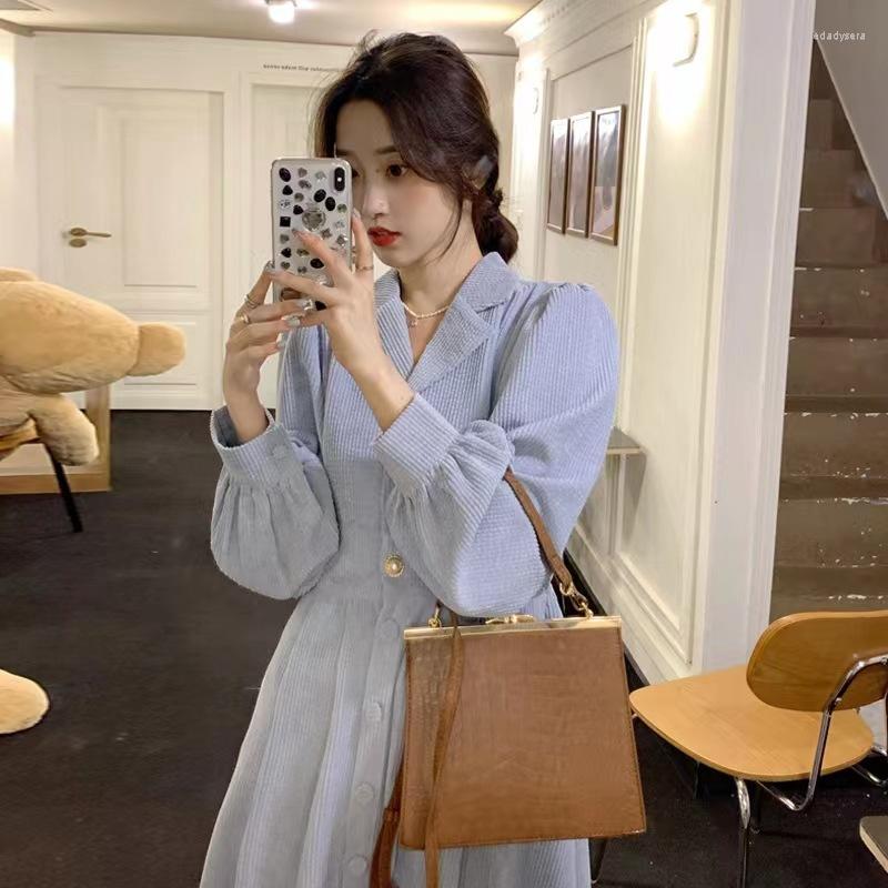 

Casual Dresses Corduroy Dress Women's Spring Solid Color 2023 French Style Turn Down Collar Design Sweet Midi Botton Elegant Mujer, Blue