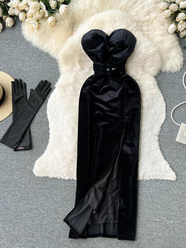 

Casual Dresses Foamlina Sexy Black Strapless Velvet Dress Women Retro Style Sleeveless Backless Slim High Split Evening Party With Gloves