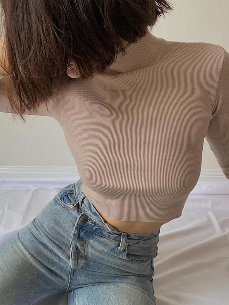 

T-Shirt Solid Nude Turtleneck Cropped T Shirt Women Autumn Casual Long Sleeve Tshirt Ladies Skinny Basic Tee Shirt Femme, Auburn