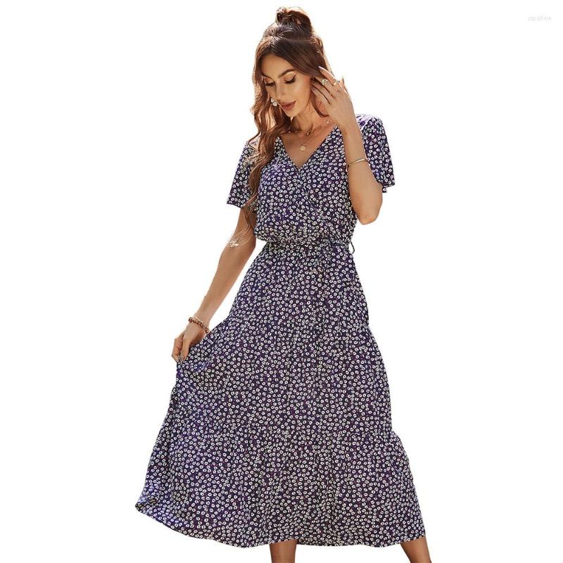

Party Dresses Summer Surplice Neck Allover Floral Print Flutter Sleeve Ruffle Hem Women Midi Dress, Blue