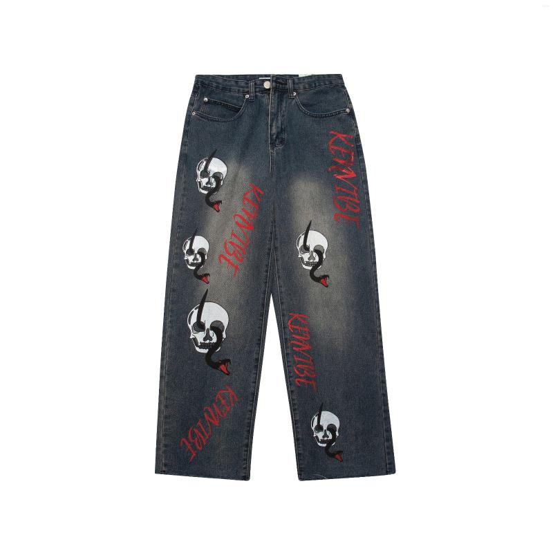 

Men' Jeans Skeleton Embroidered Straight Men High Waist Loose Denim Trousers Skull Pants Streetwear Blue Y2k Aesthetic, Retro blue