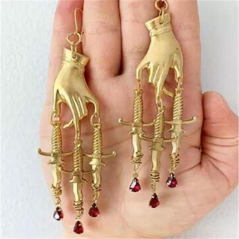 

Dangle Earrings The Golden Hand & Dagger For Women Witchy Gothic Brass Drop Jewelry Sword Red Knife JA03UG4