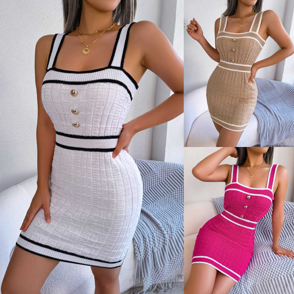 

Women' dresses spring and summer designer models in Europe and the United States casual square collar buttons color blocking waist knitted package hip skirt women, Khaki