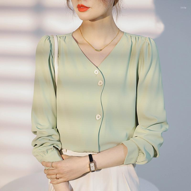 

Women's Blouses Solid Color Office Lady Chiffon Shirts Short Bottoming Spring Summer Long Sleeve Womans Blouse Elegant Tops Blusa Mujer, Green