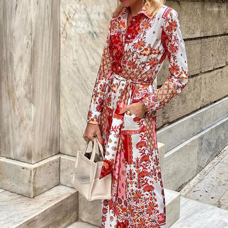 

Casual Dresses Elegant Turn-down Collar Button Cardigan Shirt Dress Vintage Tie Up Beach 2023 Spring High Street Print Long, 01 red