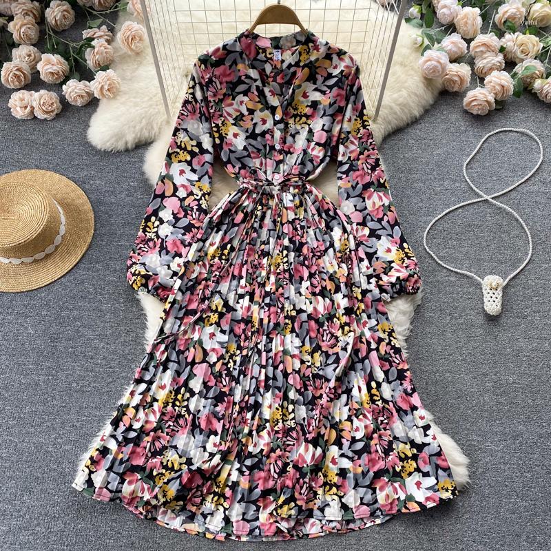 

Casual Dresses Spring Autumn Women V-Neck Long Sleeve Bandage Slim Dress Elegant Pleated Hem Vintage Floral, Beige