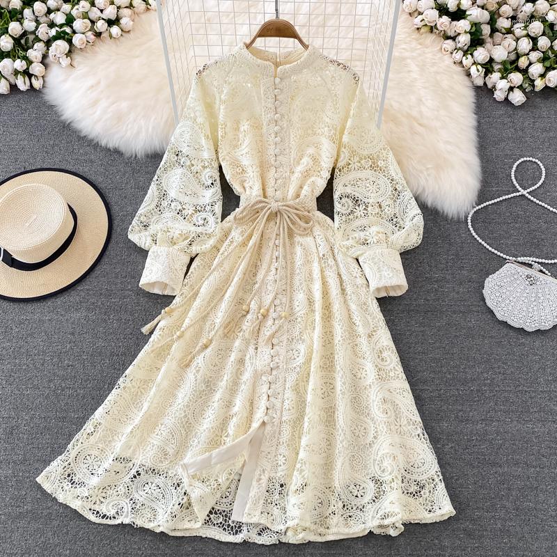 

Casual Dresses Runway Designer Vintage Lace Midi Long Dress Hollow Out Embroidery Stand Collar Lantern Sleeve Bow Sashes Lace-Up Party, Short dress
