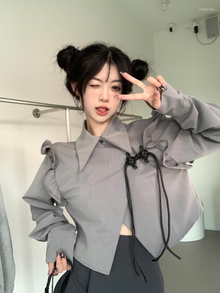 

Women's Blouses Korean Cropped Loose White Shirt Women Turn-down Collar Csaual Long Sleeve Blouse Harajuku Streetwear Ruffle Side Blusas, Gray