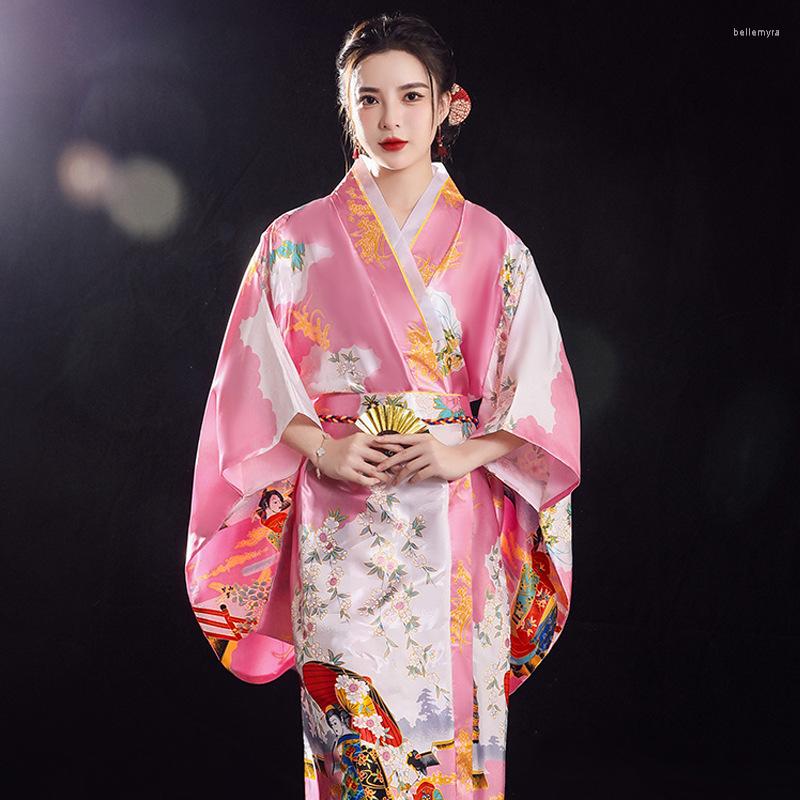 

Ethnic Clothing Long Pink Performance Japanese Kimono Bathrobe Gown Yukata With Obitage Evening Party Prom Dress Satin Cosplay Costume