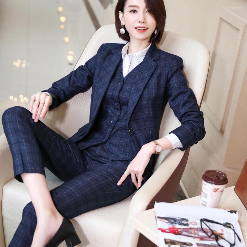 

Women' Two Piece Pants Women Fashion Pant Suit Plaid Blazer Vest And 3 Uniform Designs Elegant For Office Lady Business Career Work Wear, Plaid 3 pieces suit