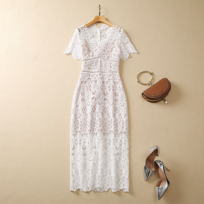 

2023 Summer White / Blue Floral Lace Dress Short Sleeve V-Neck Panelled Midi Casual Dresses S3W090505