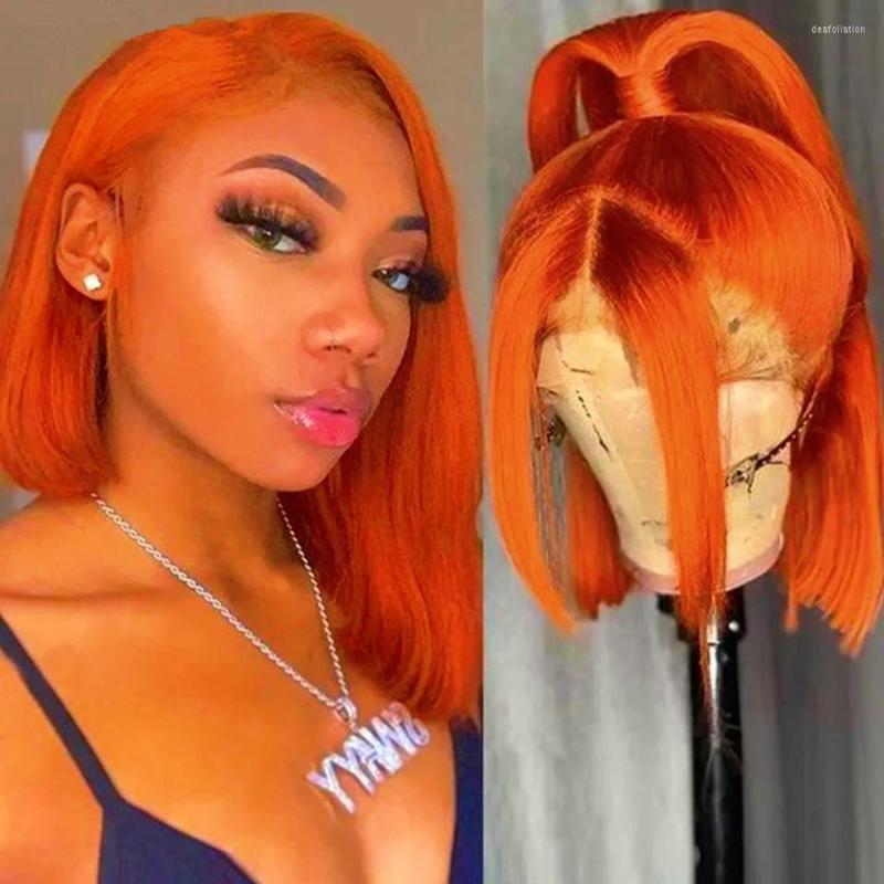 

Orange Ginger Straight Bob Wig 13x4 Transparent Lace Ombre Front Human Hair Wigs For Women 8-14inch, Picture shown