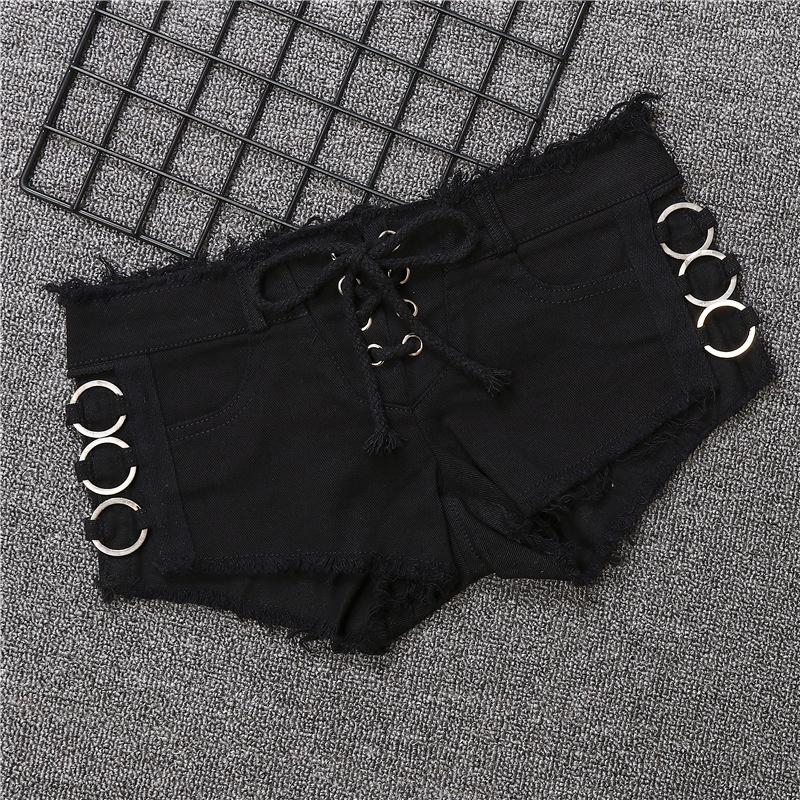 

Women' Shorts 2023 Sexy Side Hollowed Out Metal Elastic Cotton Micro Mini Denim Femme Black White