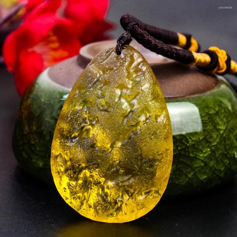 

Pendant Necklaces Man-made Moldavite Water Drop Necklace Yellow Citrine Glass Crystal Woman Man Healing Chakra Sweater Chain Jewelry Gift