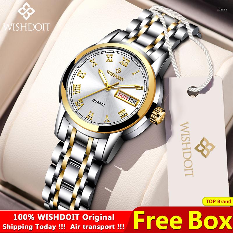 

Wristwatches WISHDOIT Ladies Business Watches Waterproof Luminous Calendar Classic Quartz Clock Leather And Stainless Steel Girl Watch, Golden
