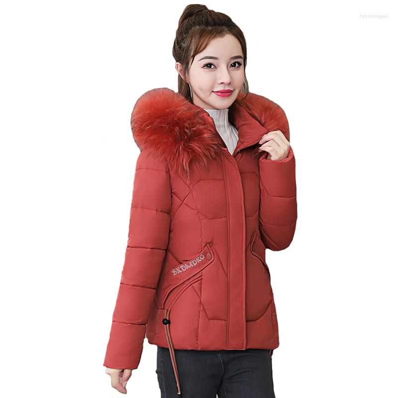 

Women's Trench Coats Winter Parka Outerwear Women Fur Collar Jacket Female Hooded Coat Cotton Thick Overcoat Warm Woman's, Red