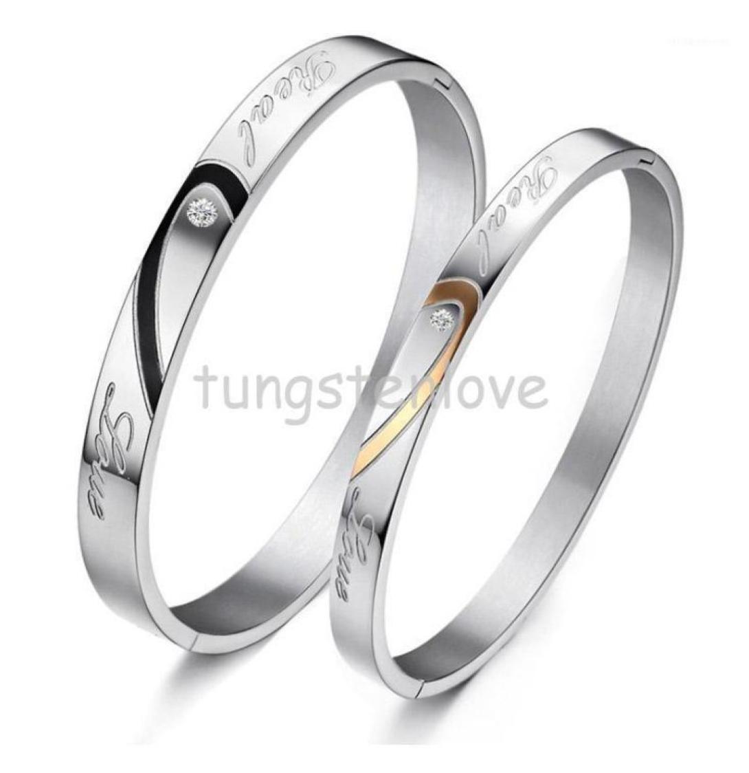 

Bangle 1 Piece Couples Bracelets Heart Shape Stainless Steel quotReal Lovequot Engraved Promise For With Rhinestone13857811