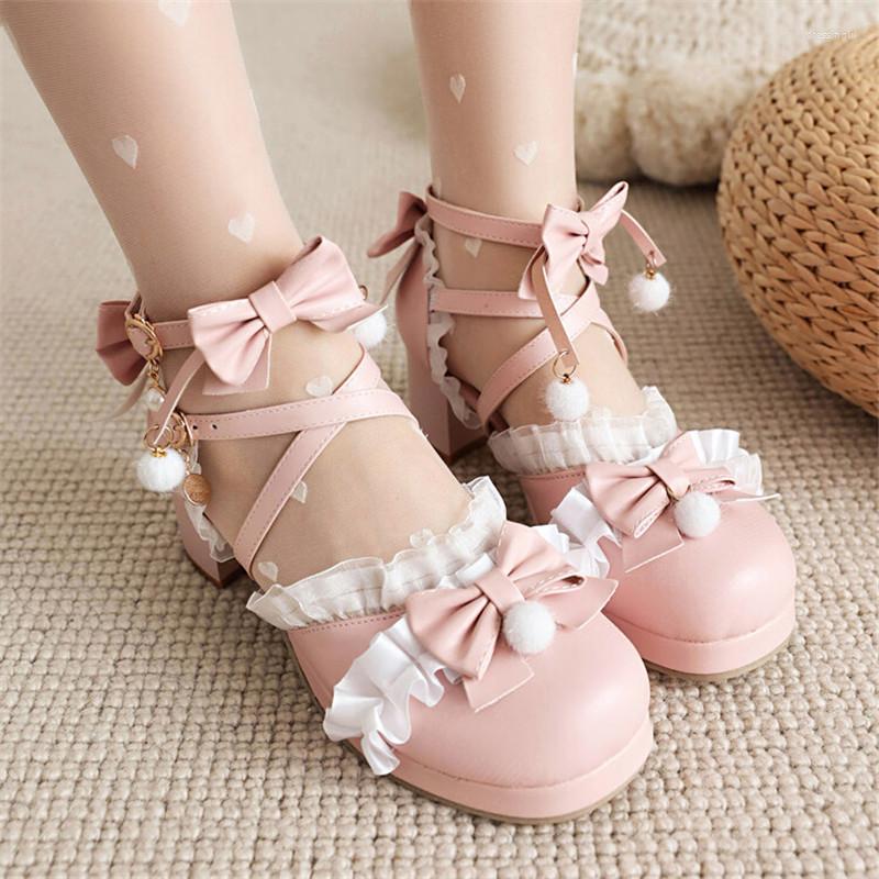 

Sandals PXELENA Cute Princess Lolita Women Bride Wedding Shoes White Pink Purple Beige Ruffles Bow Knot Med Heels Large Size 46, Beige white