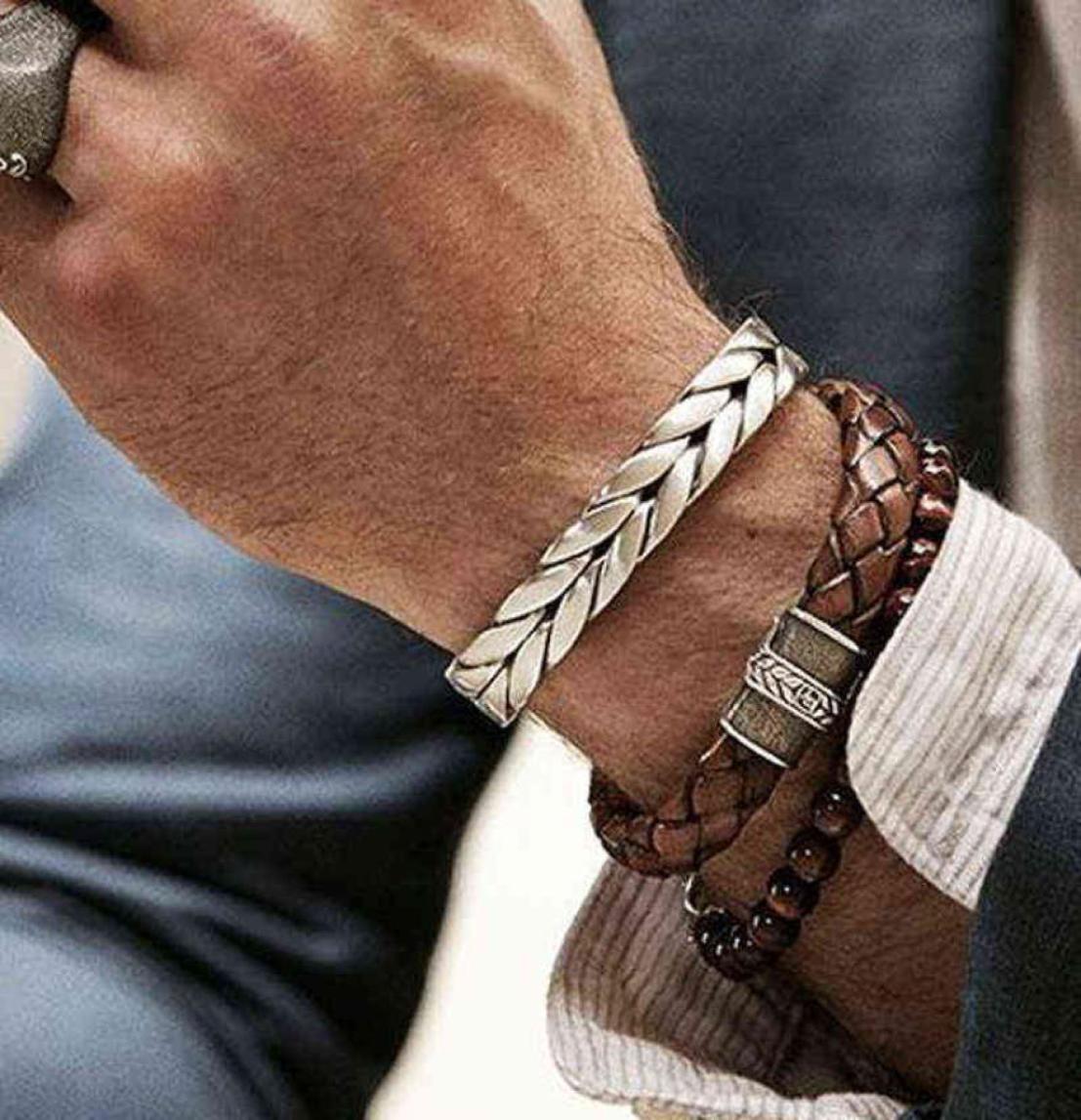 

Men Banglesstainless Steelvintageleatherfashionbangles Bracelets ed Braiding Titanium Wires Cuff Bangle Amazing 8138567