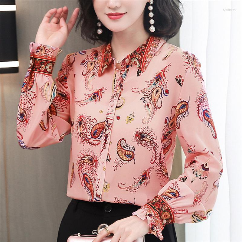 

Women' Blouses Spring Summer Long Sleeve Tops Women Satin Silk Shirts And Chic Printed Korean Fashion Ladies Work, Pink