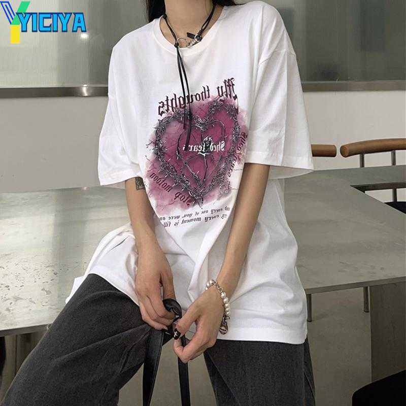 

YICIYA Women's T Shirts Harajuku Street Black White Shirt Y2k Girl Love Thorns Print Casual T-shirts Cotton Japanese Female O Neck Short Sleeve