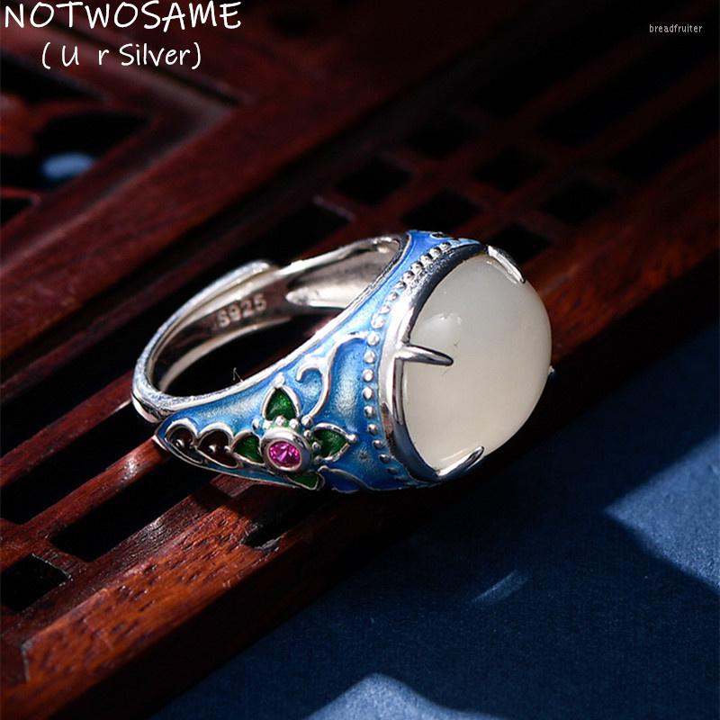 

Cluster Rings NOTWOSAME Enamel Flower Vintage Women An Natural Jade Exaggerated Big Blank Gemstones Jewelry 925 Silver Bijoux