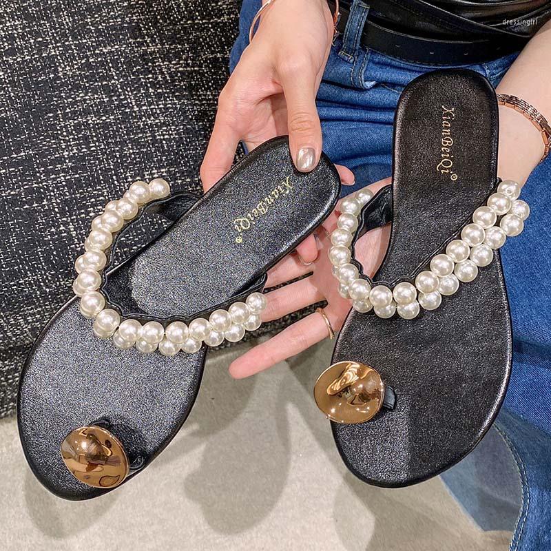 

Slippers Summers Fashion Women Flip Flops Sandal Flat With Shoes String Bead Female Casual Outdoor Beach Pearl Ladies Slides, Silver