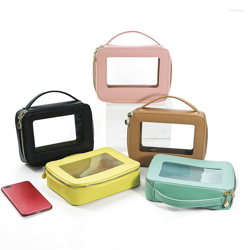 

Cosmetic Bags Woman Colorful Solid Color Portable Case Travel Transparent Opening Makeup Bag PVC Handbag Bath Wash, Yellow
