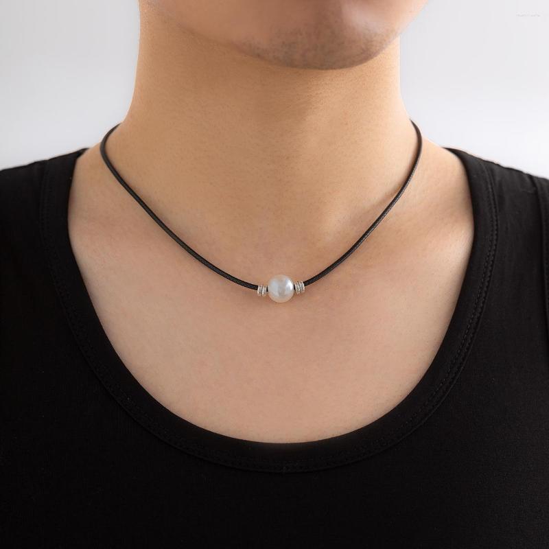 

Pendant Necklaces IngeSight.Z Men's Pearl Black Leather Wax Thread Choker Necklace Minimalism Handmade Women Jewelry Gift