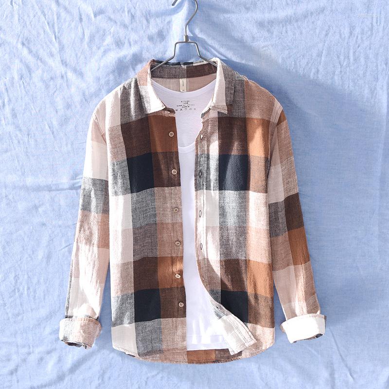 

Men's Casual Shirts 2023 Cotton Linen Plaid T For Men Long Sleeve Tops Male Loose Turn-Down Collar Fashion Clothing Trends Coat, Khaki