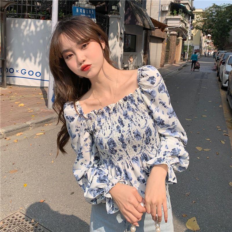 

Women' Blouses Autumn Long Sleeve Chiffon Floral Print Blouse Shirt Women Tops Blusas 2023 Square-Collar Shirts A486, Blue