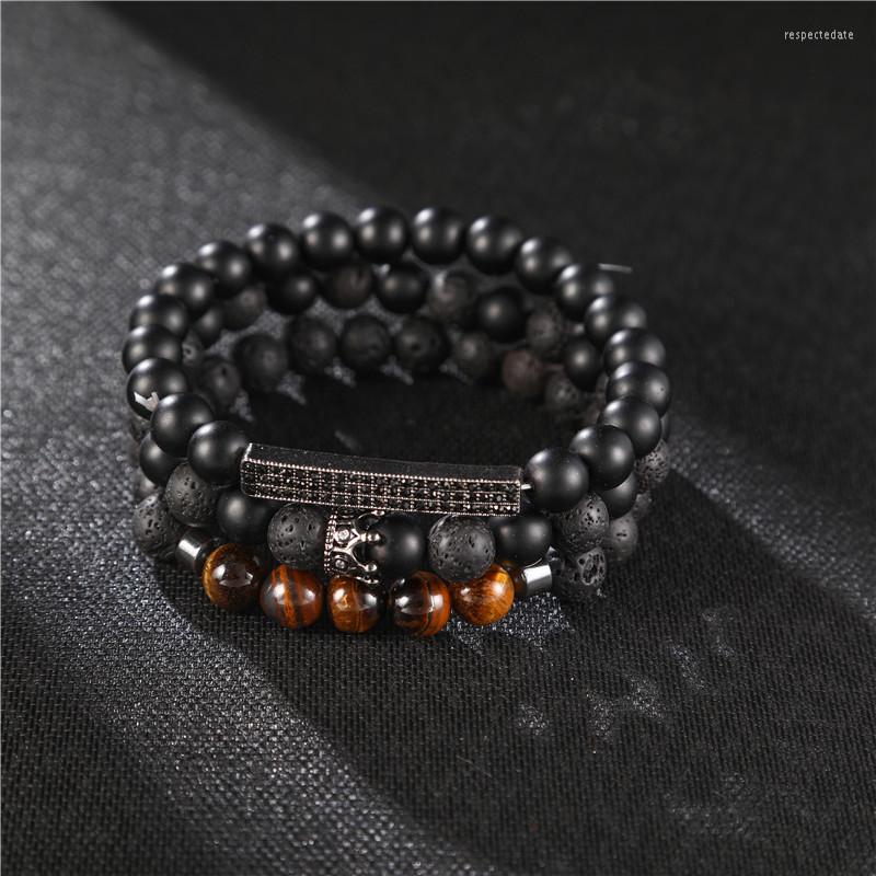 

Strand 3pcs Bead Bracelet Men Natural Tiger Eye Lava Stone Bracelets Homme Black Zircon Long Tubes Energy Stretch Jewelry