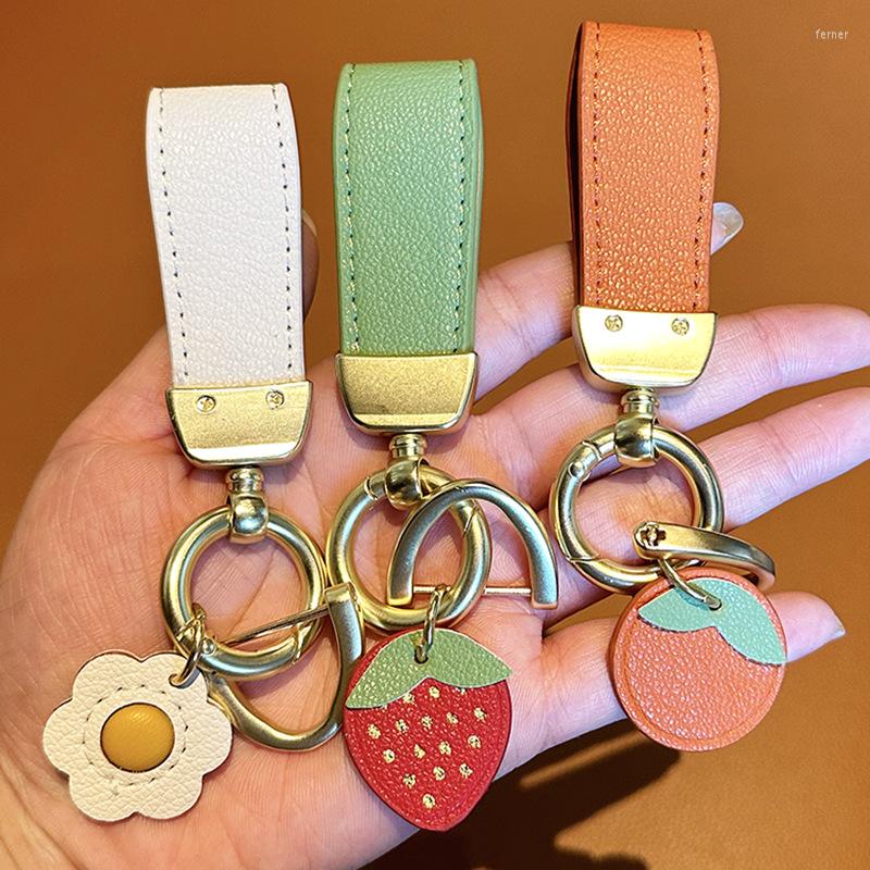 

Keychains Fashion PU Leather Keychain Strawberry Orange Fruits Key Ring Men Women Car Strap Waist Wallet Chains