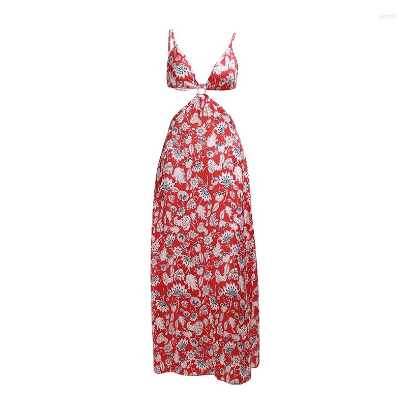 

Casual Dresses Women' Sling Long Dress Floral Printed Hollow Out Backless Ring Connect Simple Clothes, Red