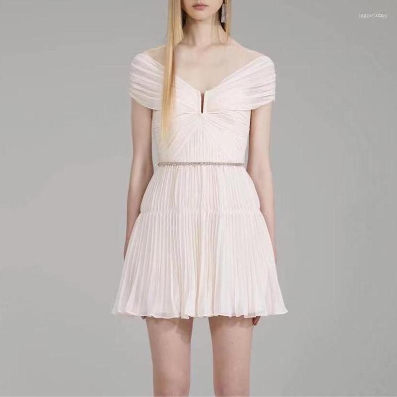 

Casual Dresses Women V Neck Mini Dress Folded Diamond Beaded Waist Pleated Lady, Beige