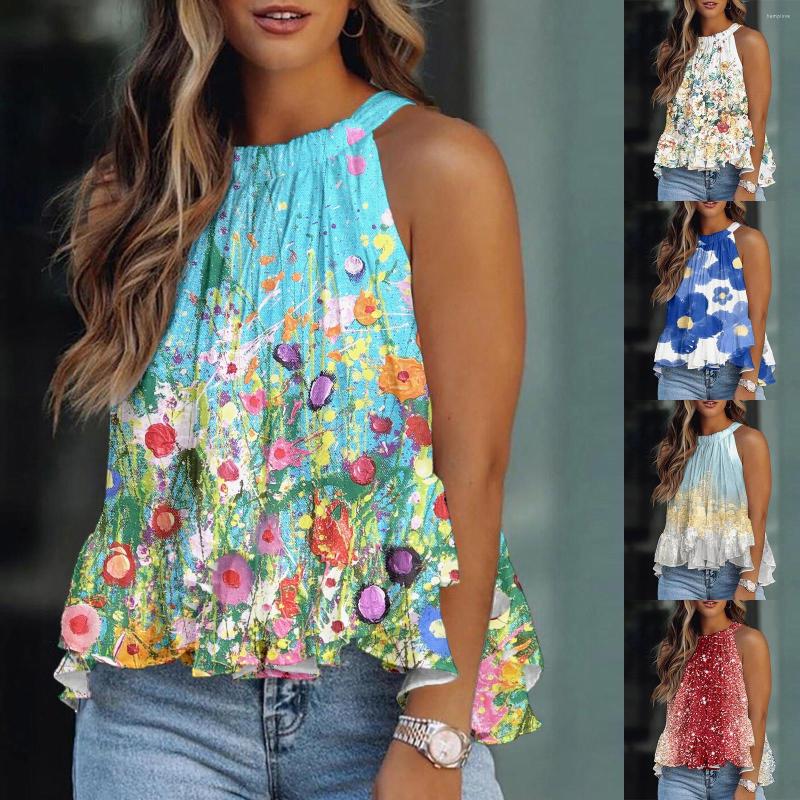 

Women's Blouses Women Summer Suitable Shirt Elegant Print Sleeveless Tank Top Ruffle Tail Flowy Tunic Flower For 4 Large, Red